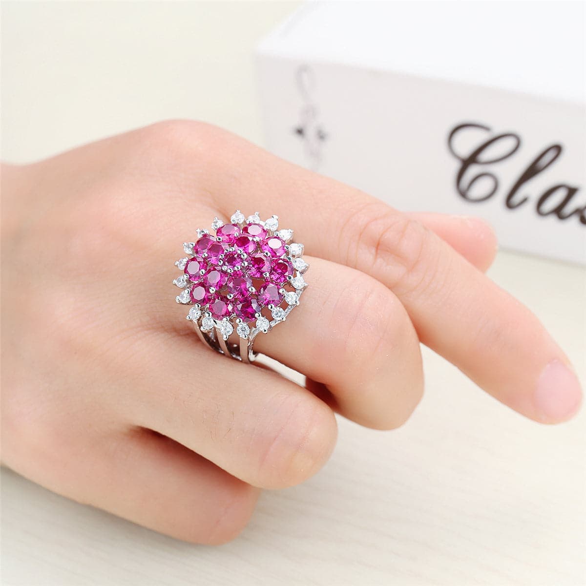 Red Corundum & Cubic Zirconia Flower Ring-3