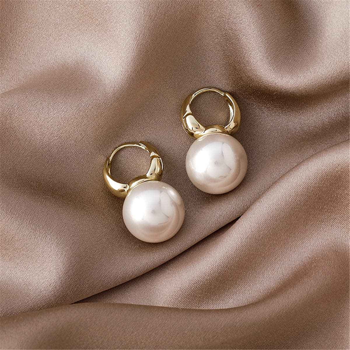White Pearl & Goldtone Huggie Earrings