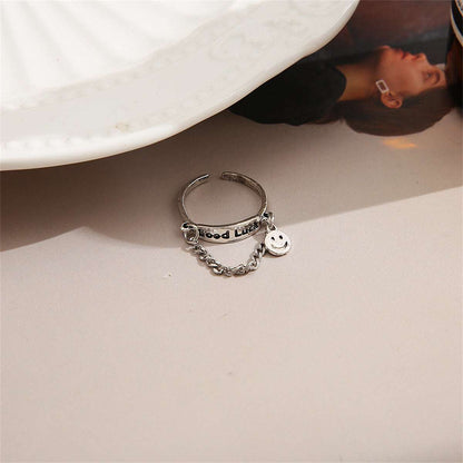 Silvertone 'Good Luck' Chain Smiley Ring