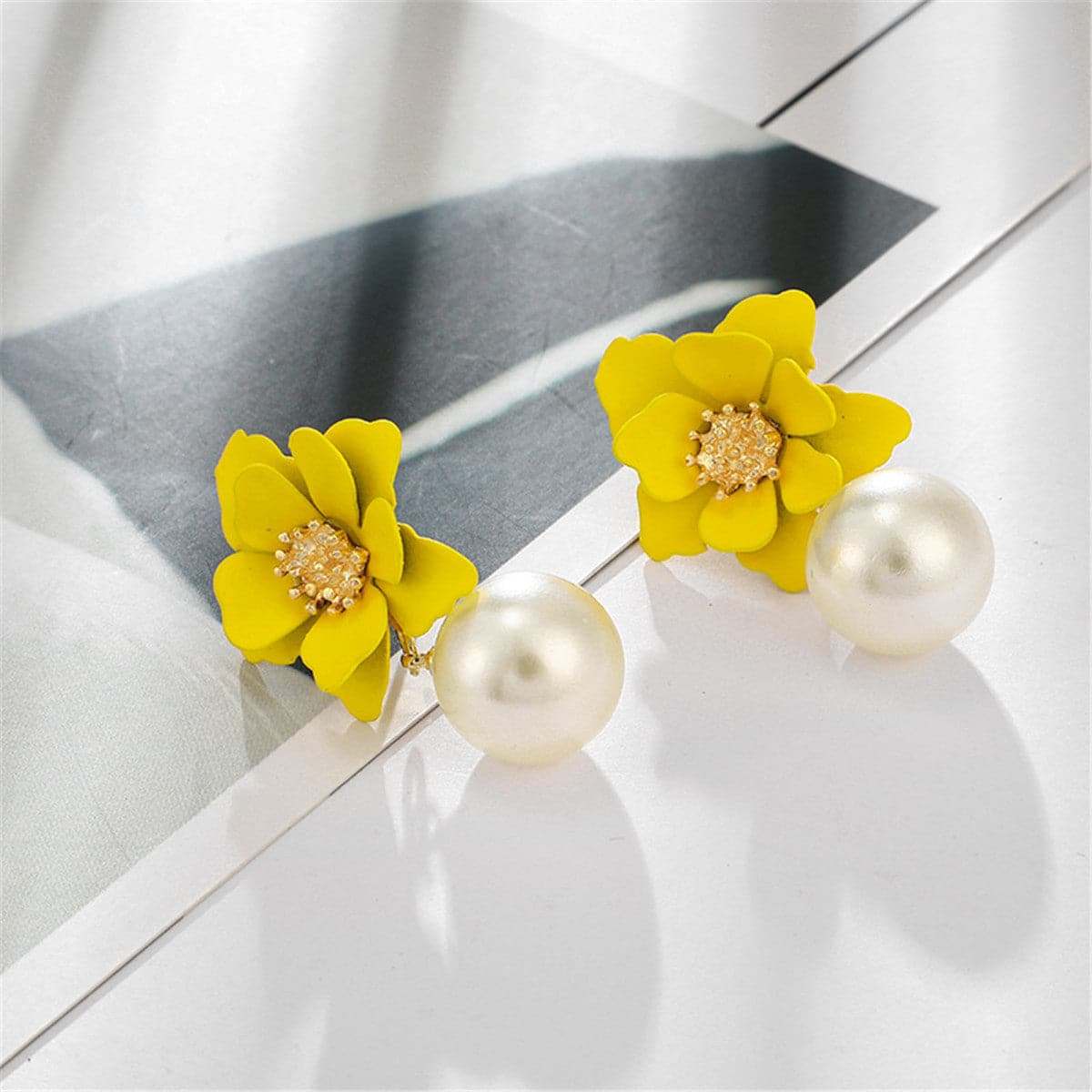 Yellow Acrylic & Pearl Flower Drop Earrings