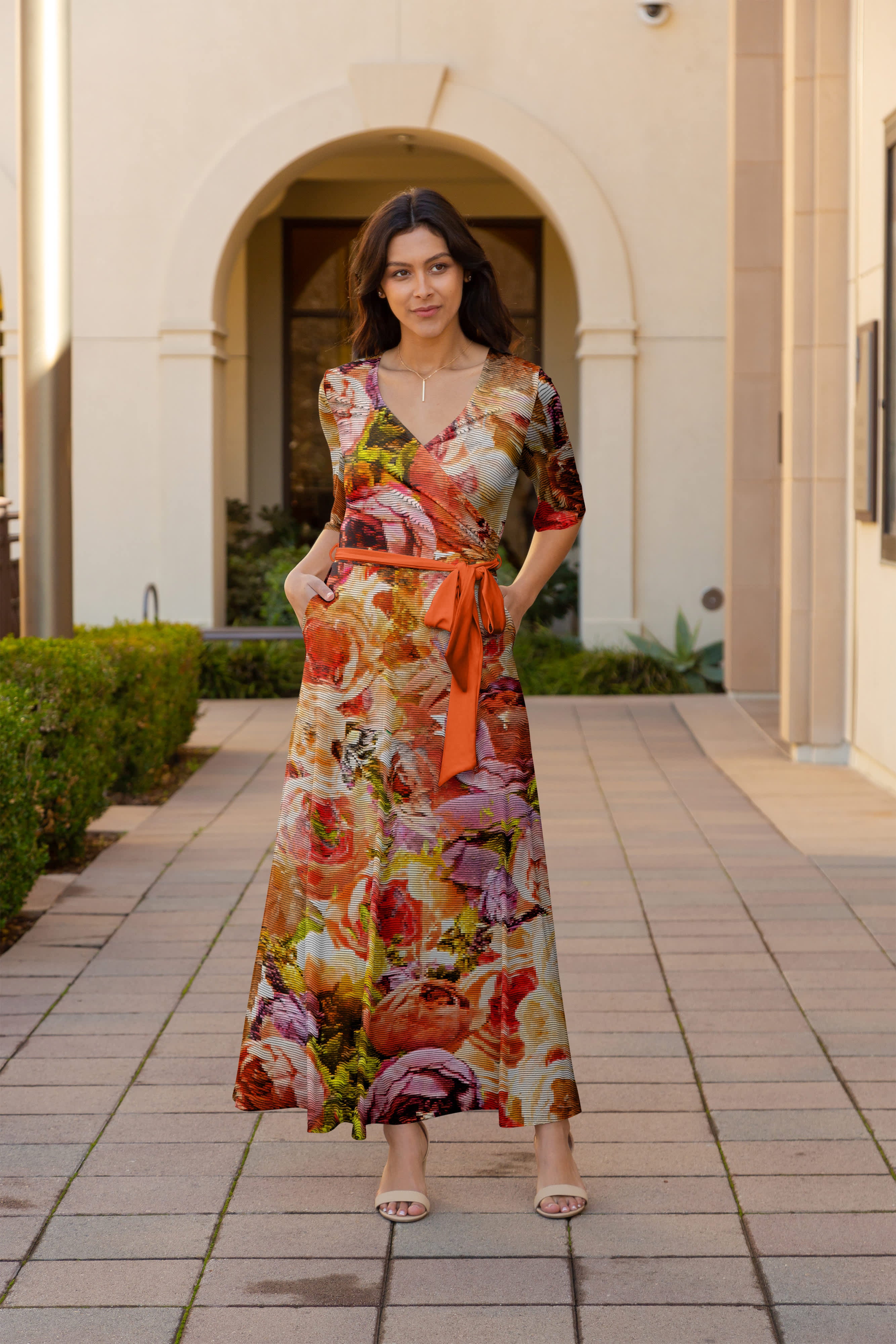 Lily by Firmiana Women's ¾ Sleeve Wrap-Style Maxi Dress with Tie Rust ...
