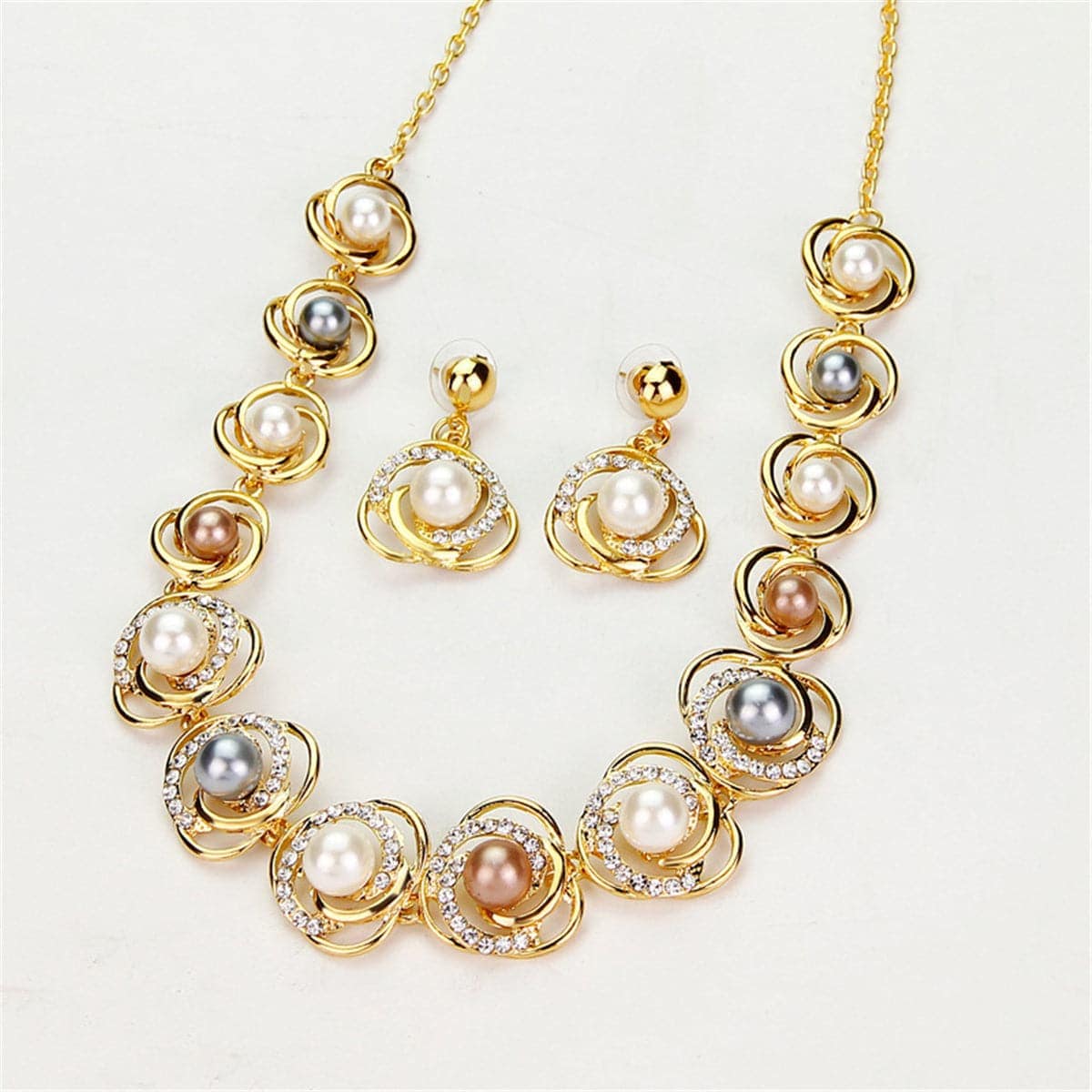 Cubic Zirconia & Pearl Goldtone Flower Drop Earrings & Station Necklace