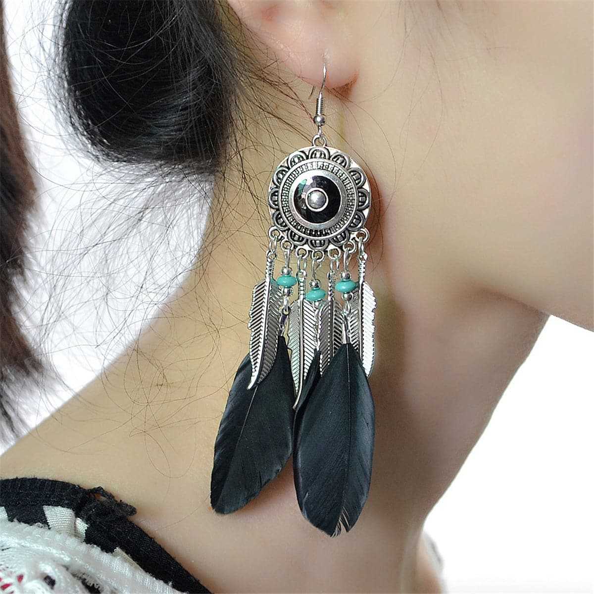 Black Feather & Silvertone Drop Earring