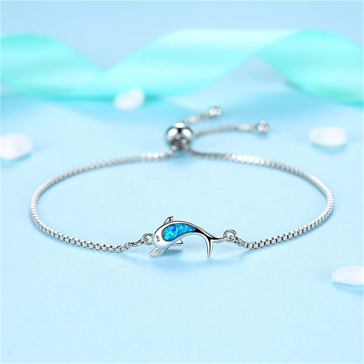 Blue Opal & Silvertone Dolphin Adjustable Bracelet