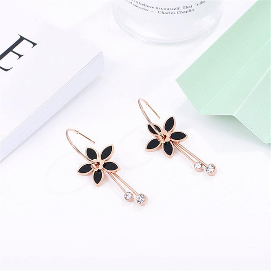 Black Cubic Zirconia & Rose Goldtone Flower Drop Earrings