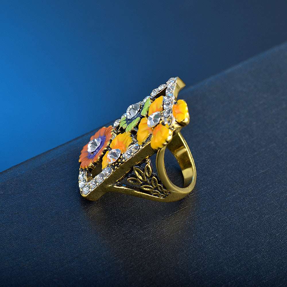 Cubic Zirconia & Enamel Goldtone Floral Rectangle Ring-1