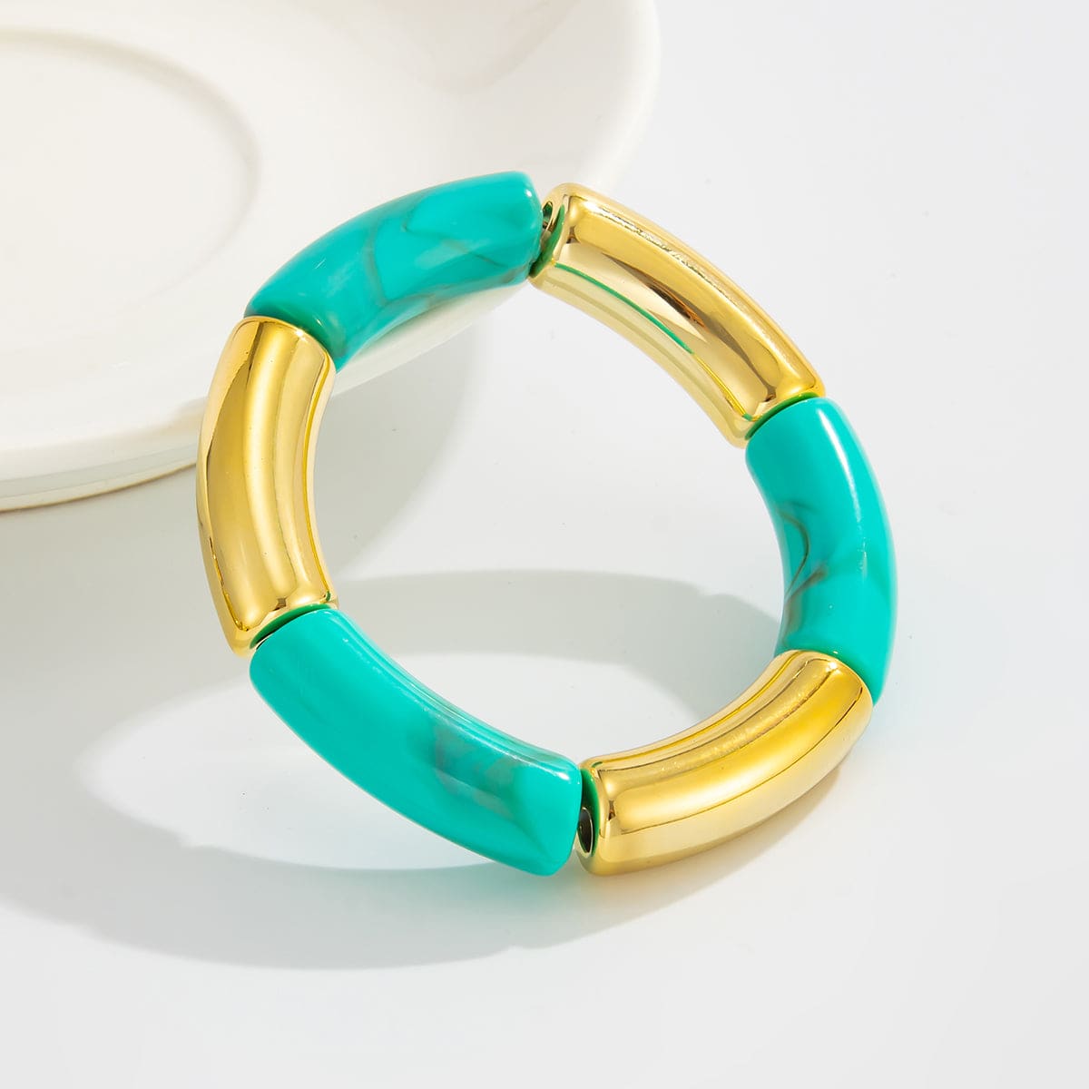 Teal Resin & Goldtone Joint Stretch Bracelet