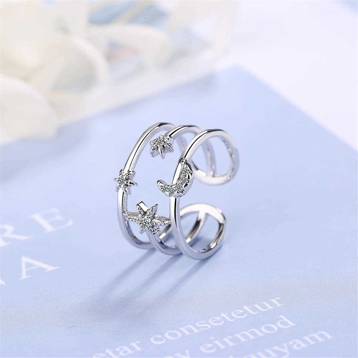 Cubic Zirconia & Silvertone Moon & Sun Open Ring