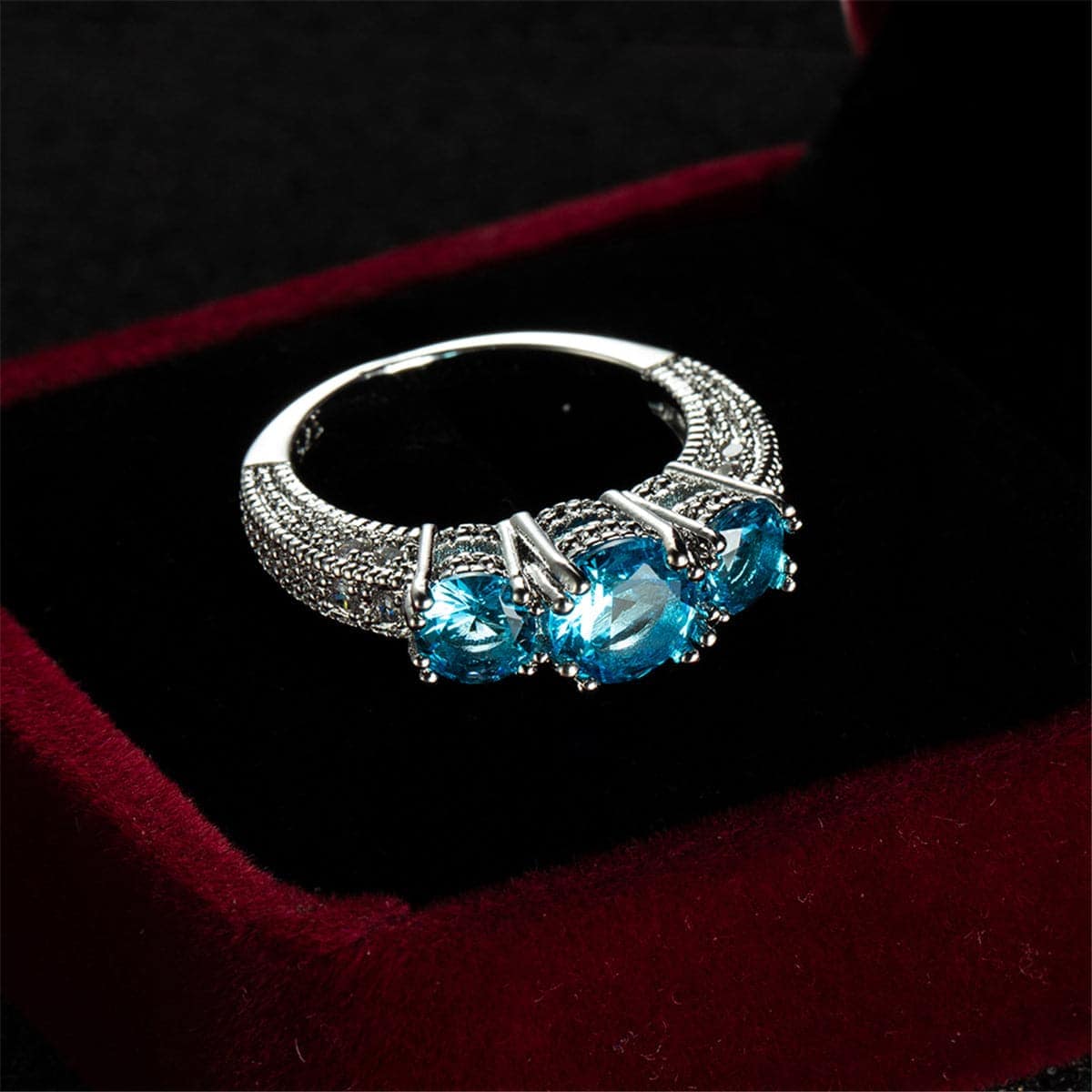 Sea Blue Crystal & Silvertone Three-Stone Ring