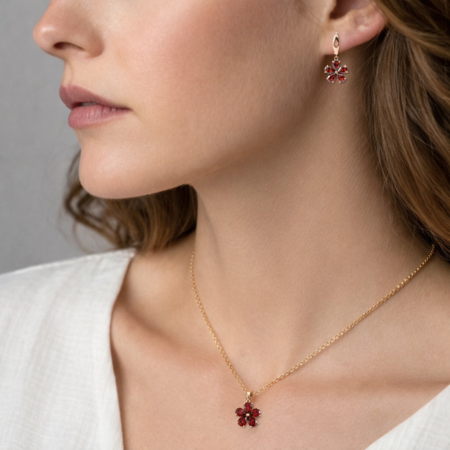 Natural Red Garnet Floral Sterling Silver Jewelry Set