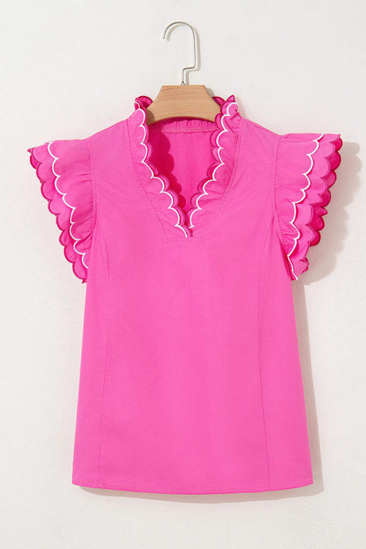 Threaded Pear Jazmine Scallop Short Sleeve V Neck Blouse