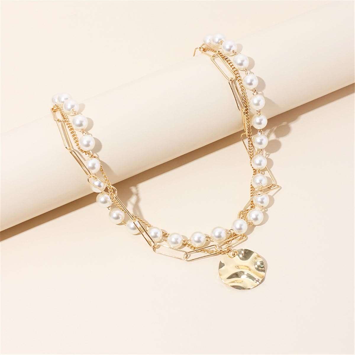 Pearl & Goldtone Sequin Layered Pendant Necklace-3