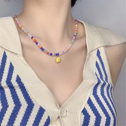 Colored Acrylic Bead & Goldtone Smiley Necklace