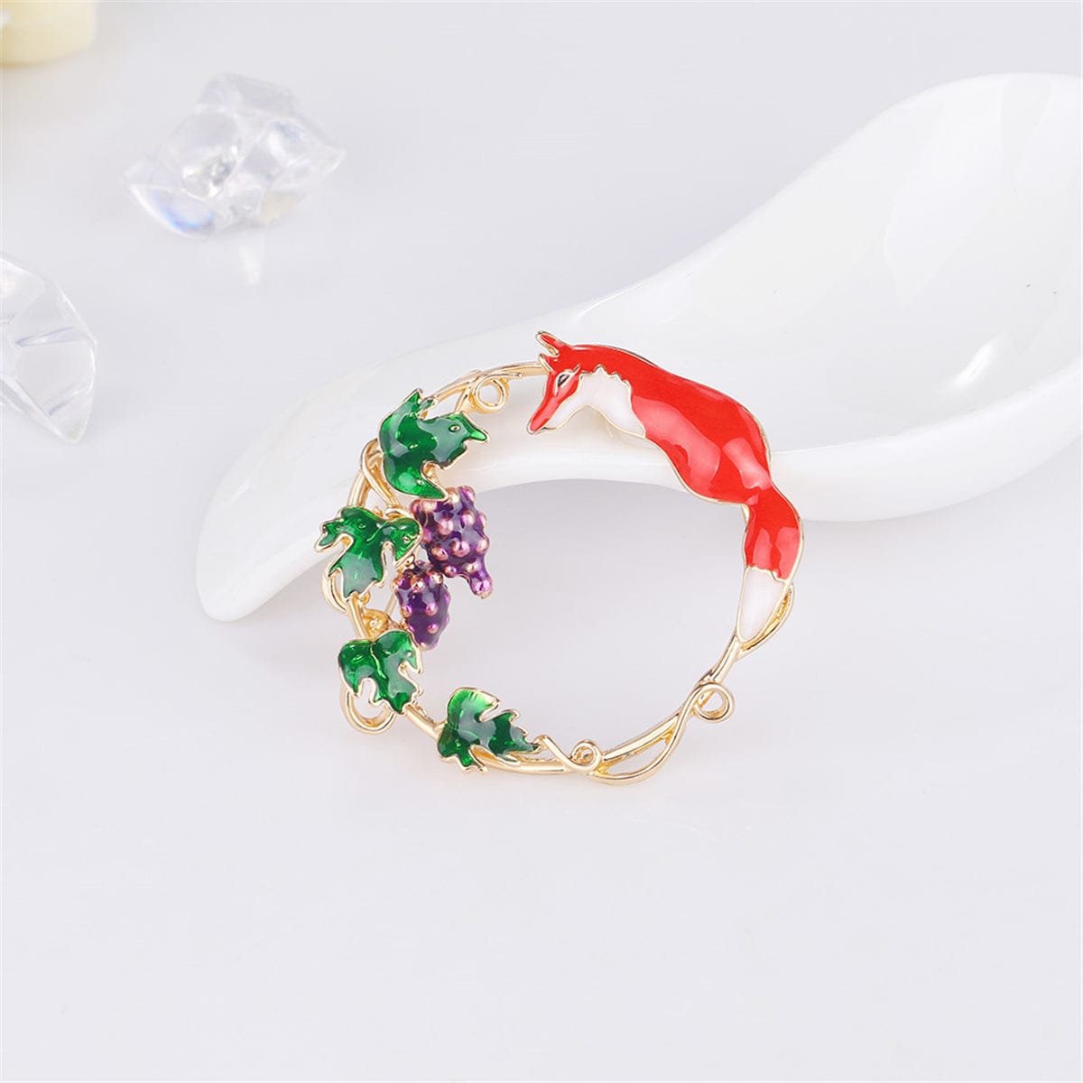 Green Enamel & Goldtone Fox Grapevine Brooch