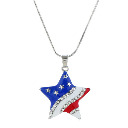 Cubic Zirconia & Silvertone Flag Star Pendant Necklace