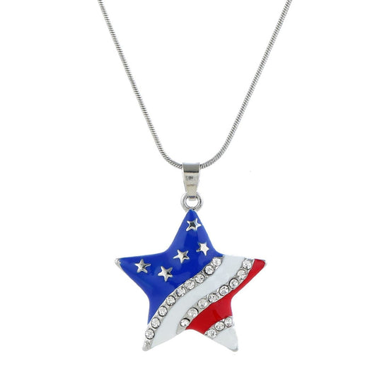 Cubic Zirconia & Silvertone Flag Star Pendant Necklace