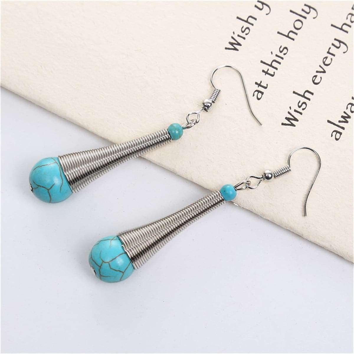 Turquoise & Silvertone Teardrop Drop Earrings