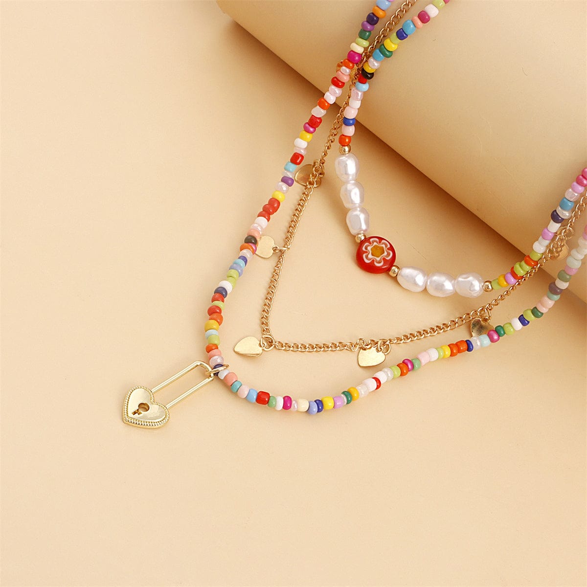 Multicolor Howlite & Pearl Goldtone Heart Pendant Necklace Set