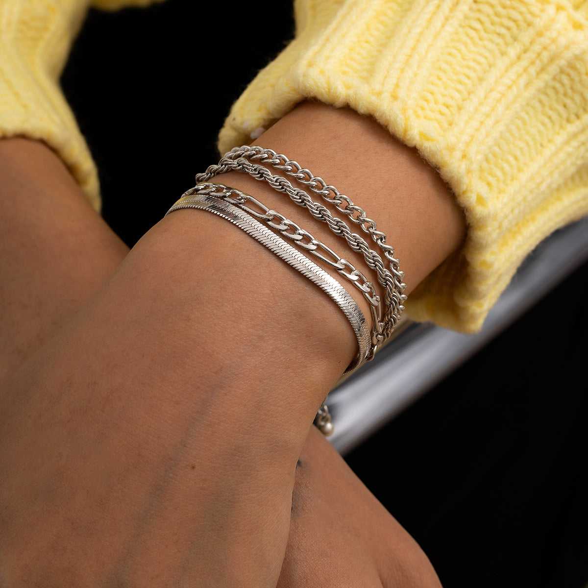 Silvertone Figaro Chain Bracelet Set
