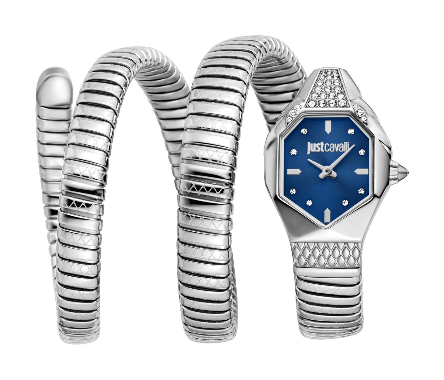 Just CAVALLI Women Watch, Silver Color Case, Dark Blue Dial, Stainless Steel Metal Bracelet, 2 Hands, 3 Atm