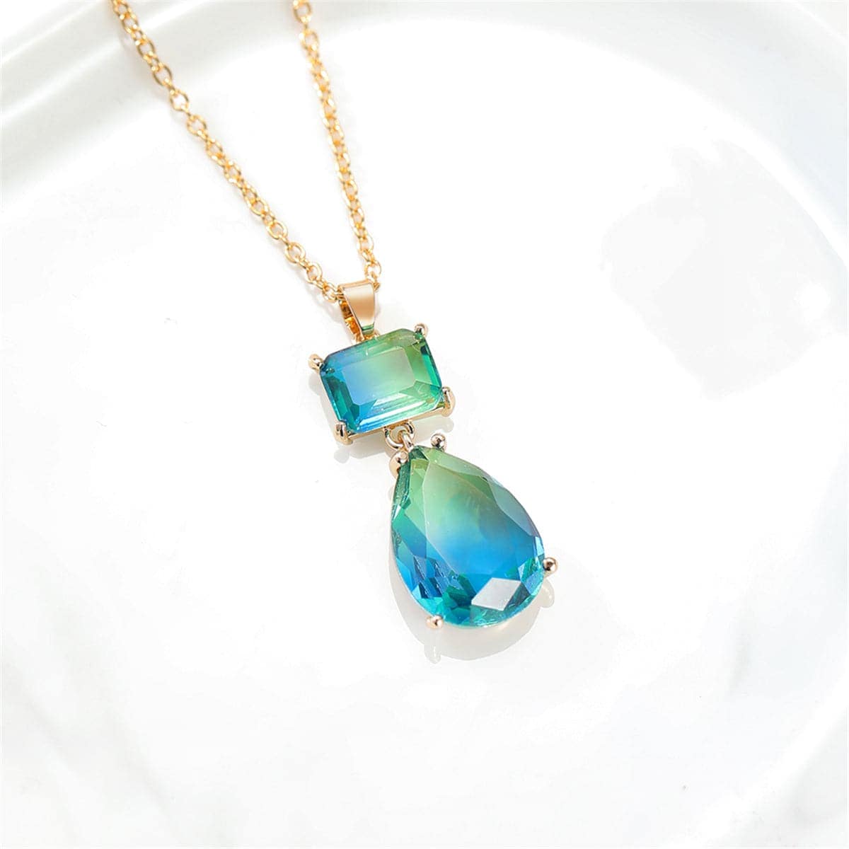 Blue Crystal & Goldtone Stack Teardrop Pendant Necklace