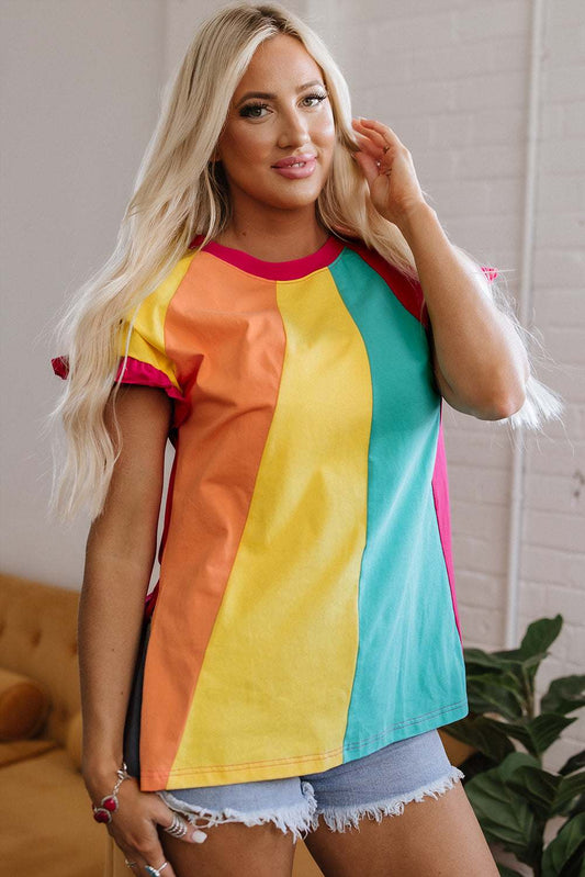 Threaded Pear Stormi Color Block Ruffled Crew Neck Loose Fit Top
