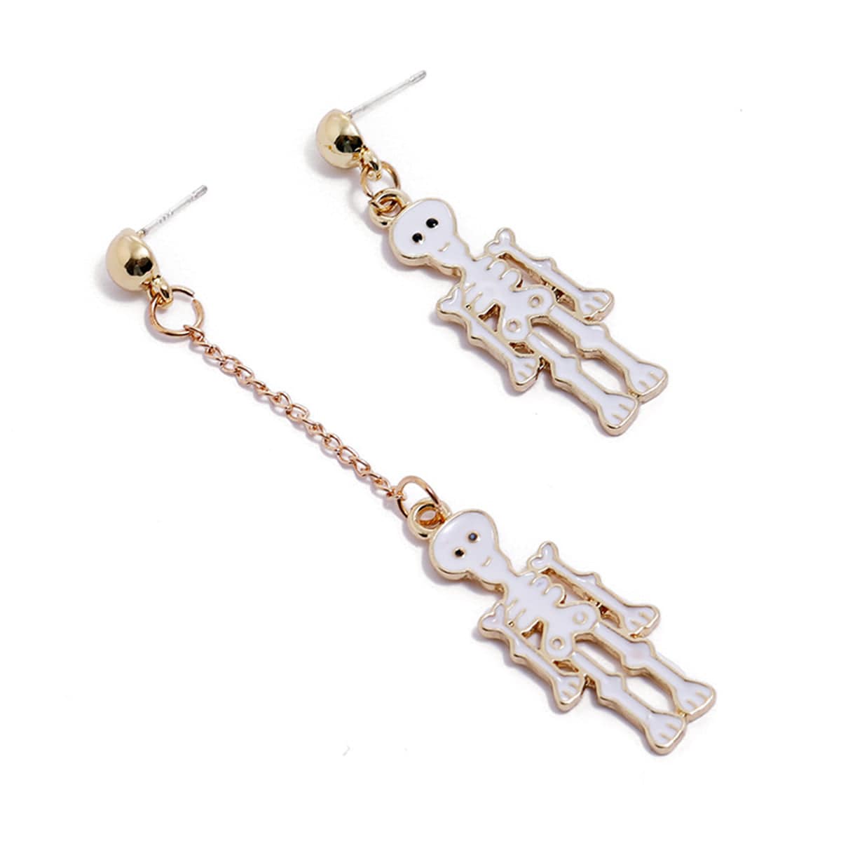 White Enamel & Goldtone Skeleton Mismatching Drop Earrings