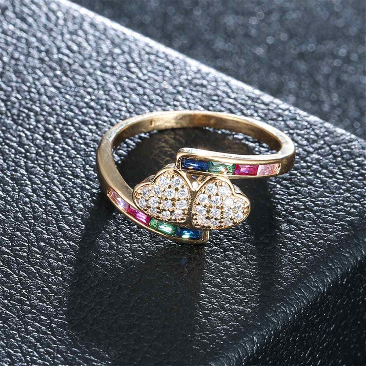 Rainbow Crystal & Cubic Zirconia Double-Heart Ring