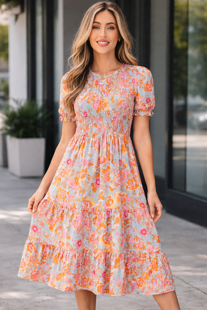 Wynter Smocked Flowy Ruffle Dress - Sky Blue / L - 12/14