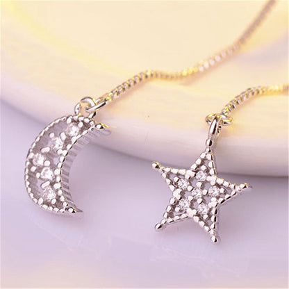 Cubic Zirconia & Silvertone Asymmetry Moon & Star Drop Earrings