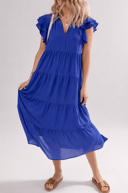 Zelda Collared Tiered Midi Dress - Bluing / L - 12/14