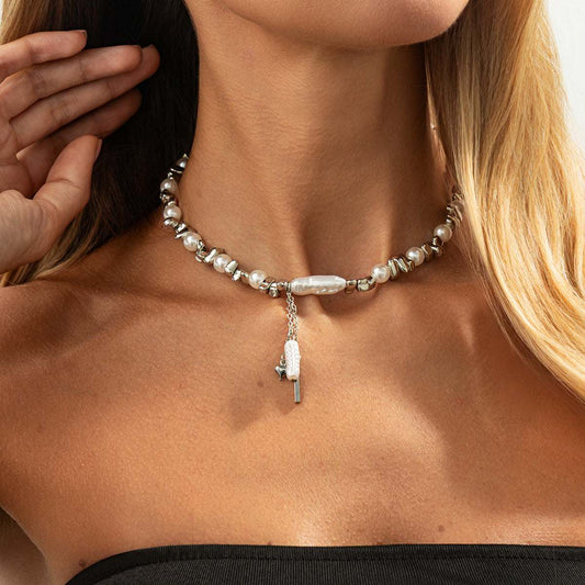 Baroque Pearl & Silvertone Bead Chain Heart Tassel Necklace