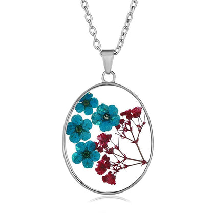 Purple Pressed Peach Blossom & Silvertone Oval Pendant Necklace