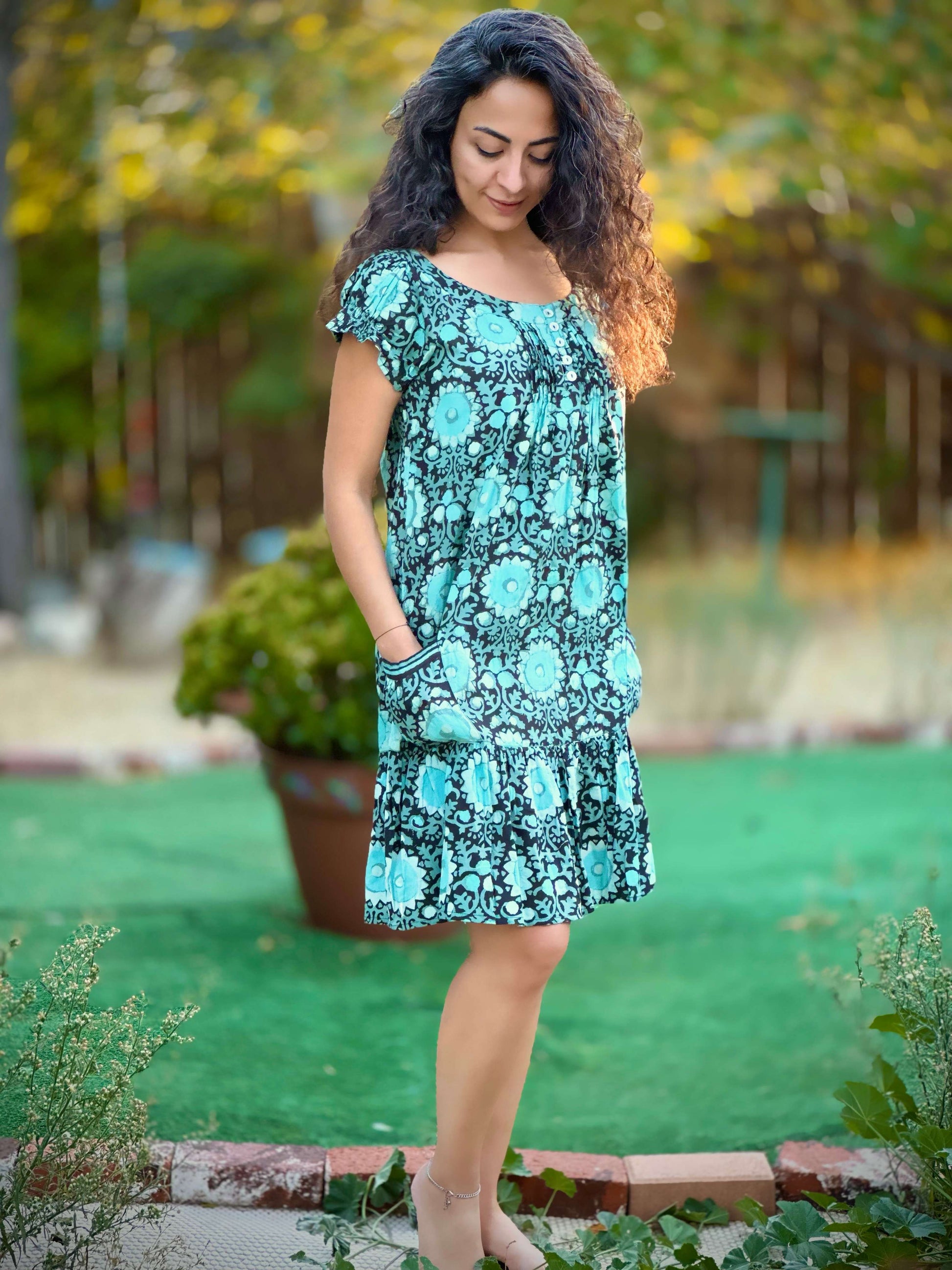 La Chic Women's Block Print Pocket Midi Dress Teal / Large