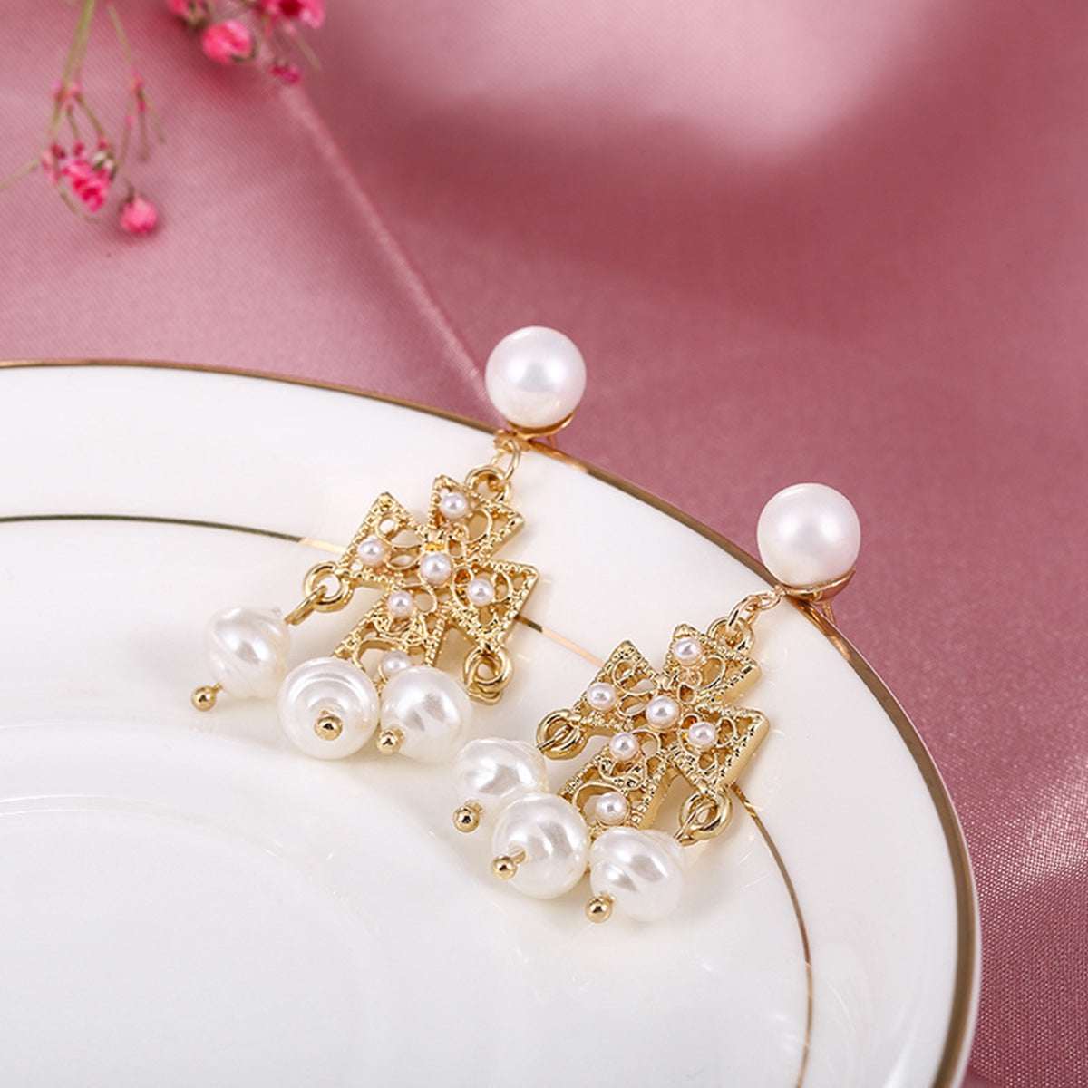 Pearl & Goldtone Chandelier Drop Earrings