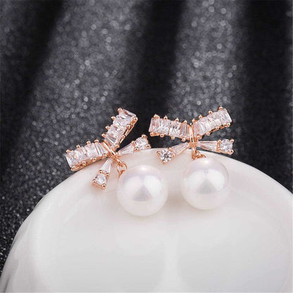 Cubic Zirconia & Pearl Rose Goldtone Bow Drop Earrings