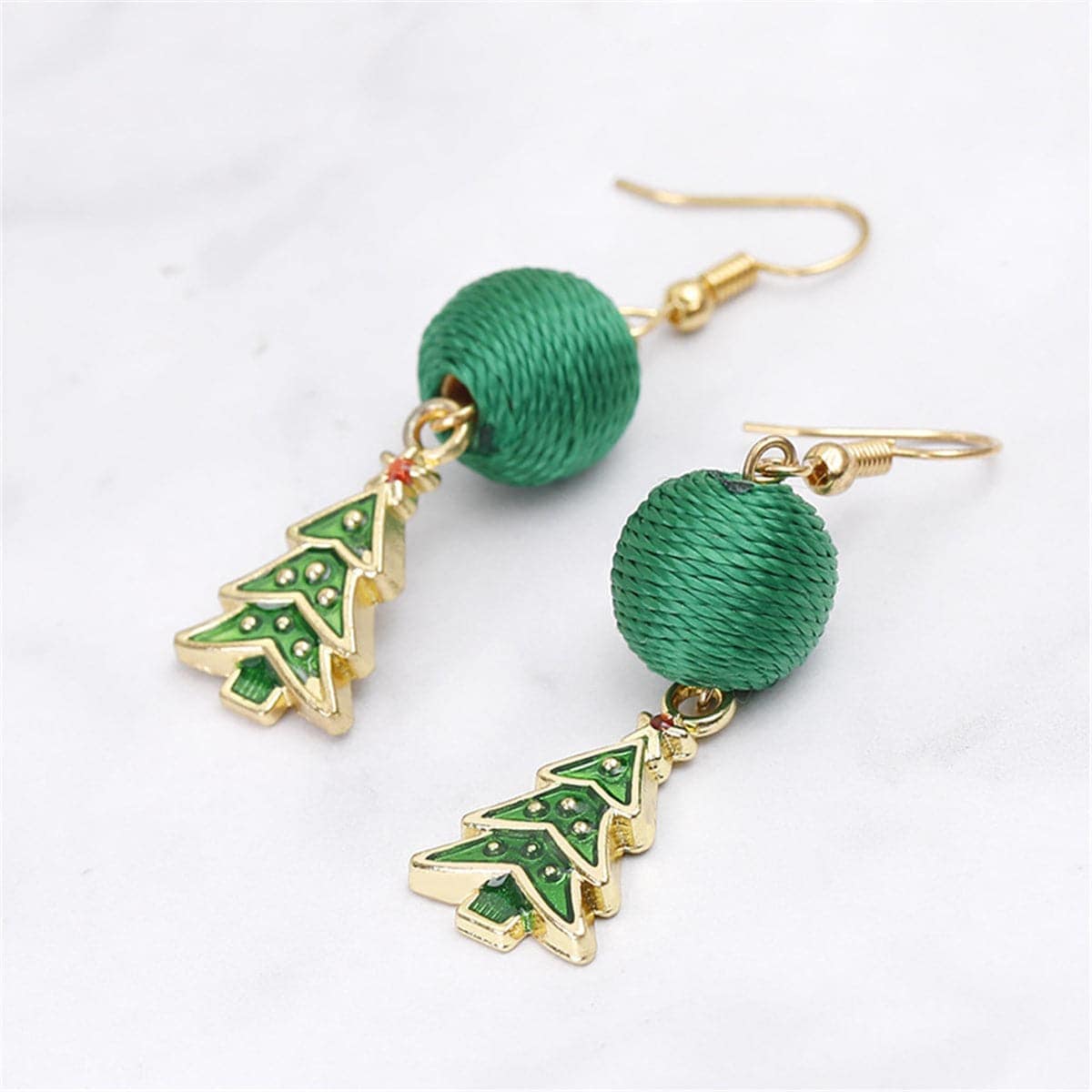 Green Polyster & Enamel Goldtone Christmas Tree & String Ball Drop Earrings