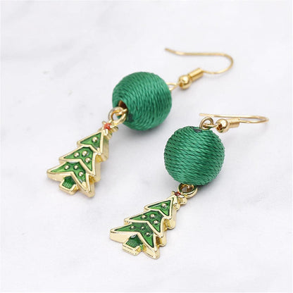 Green Polyster & Enamel Goldtone Christmas Tree & String Ball Drop Earrings