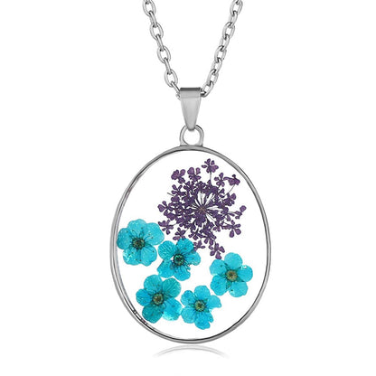 Blue Pressed Peach Blossom & Silvertone Oval Pendant Necklace