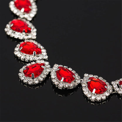 Red & Silvertone Pear Statement Necklace & Stud Earrings
