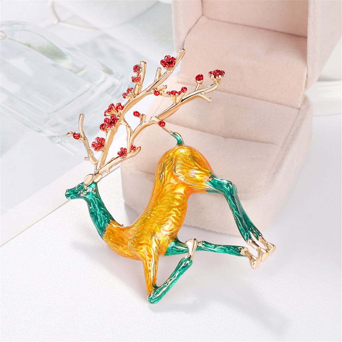 Yellow & Teal Enamel Goldtone Deer Brooch