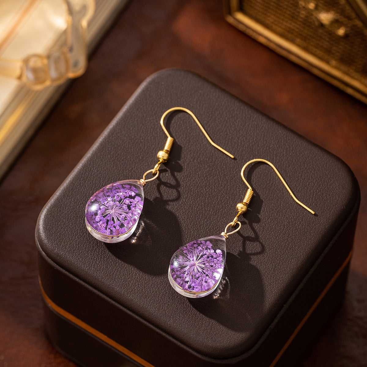Purple Pressed Flower & Goldtone Drop Hook Earrings