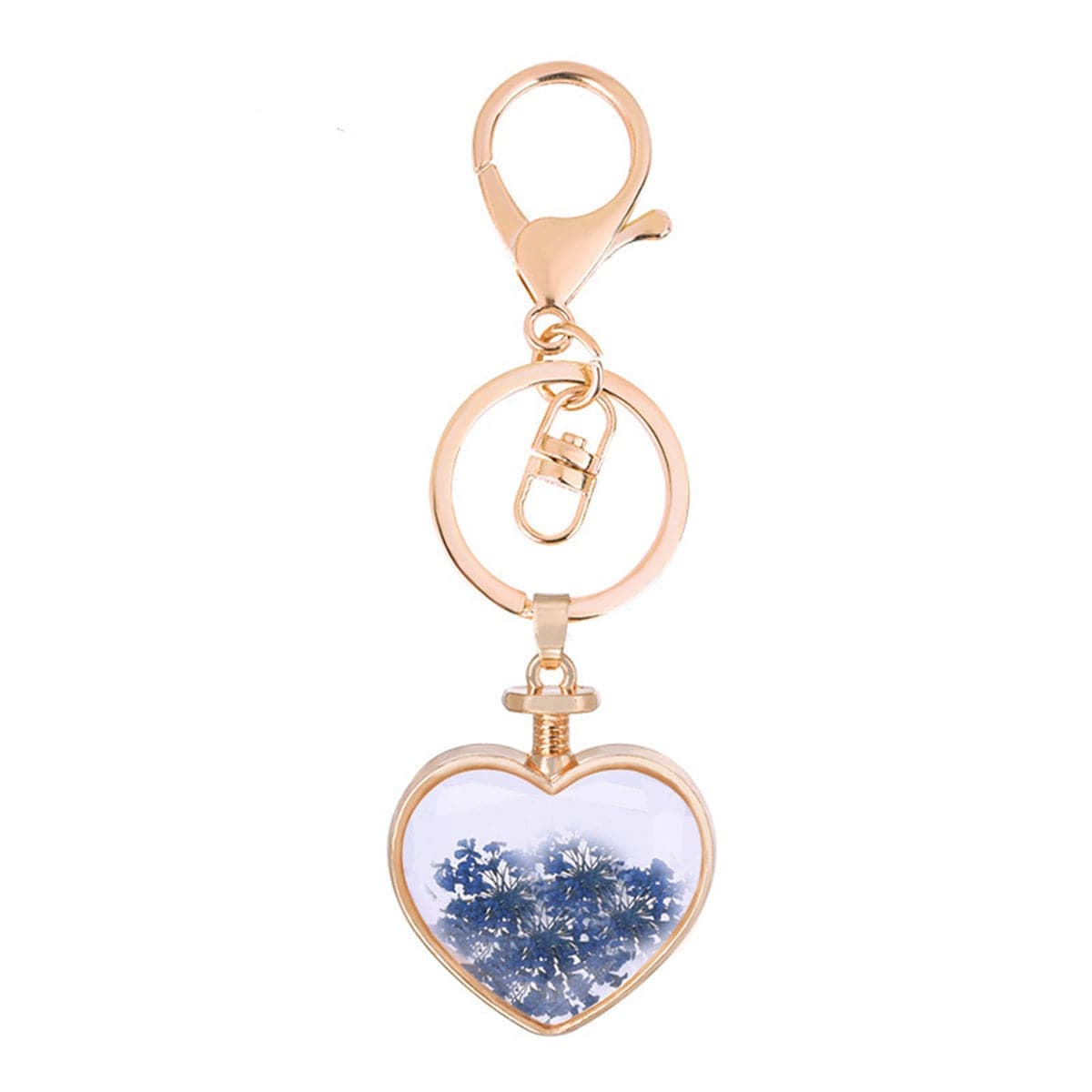 Blue & Goldtone Pressed Gypsophila Heart Key Chain