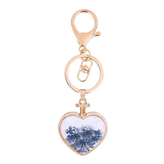 Blue & Goldtone Pressed Gypsophila Heart Key Chain