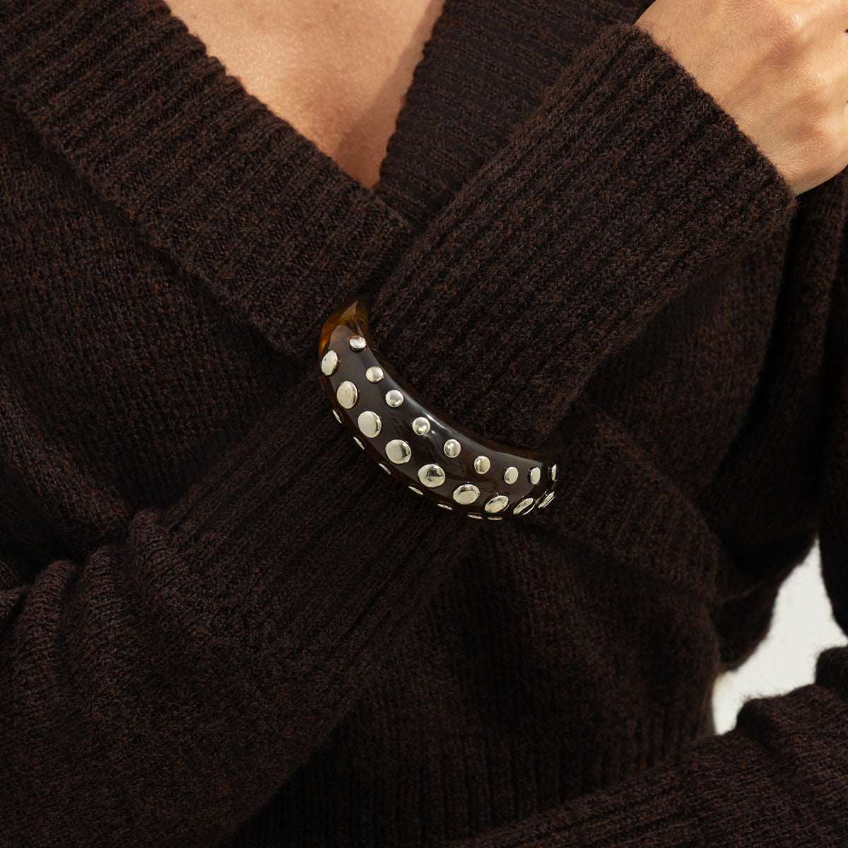 Amber Resin & Silvertone Layered Spot Cuff