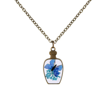 Blue & Goldtone Pressed Gypsophila & Butterfly Vase Pendant Necklace