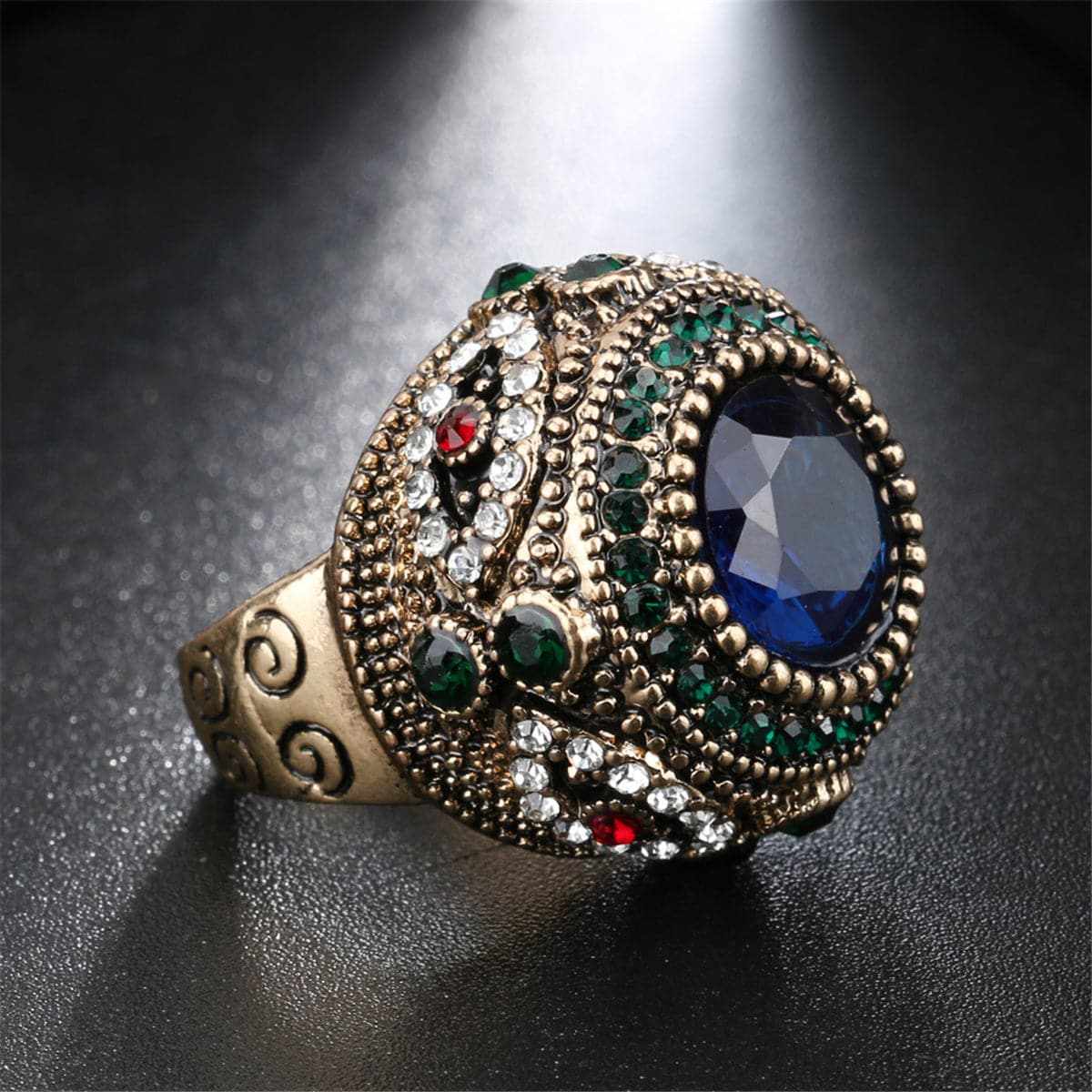 Blue Cubic Zirconia & Goldtone Round Ring