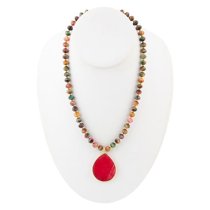 Jeweled Multicolor Tiger's Eye and Pink Jade Pendant Golden Necklace