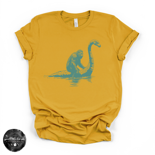 Bigfoot Riding Nessy Tee | Funny Cryptid Graphic T-Shirt