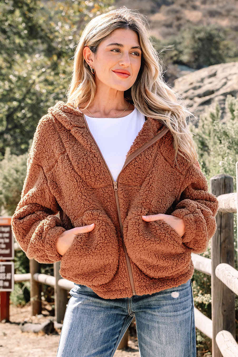 Bethany up Hooded Sherpa Jacket - Brown / L - 12/14